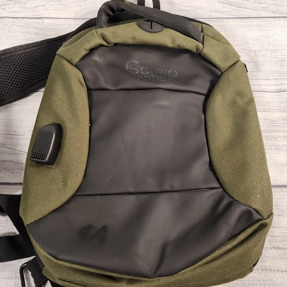 Scipio Tactical Sling Bag Olive Green Black USB Charging Port Crossbody Pack